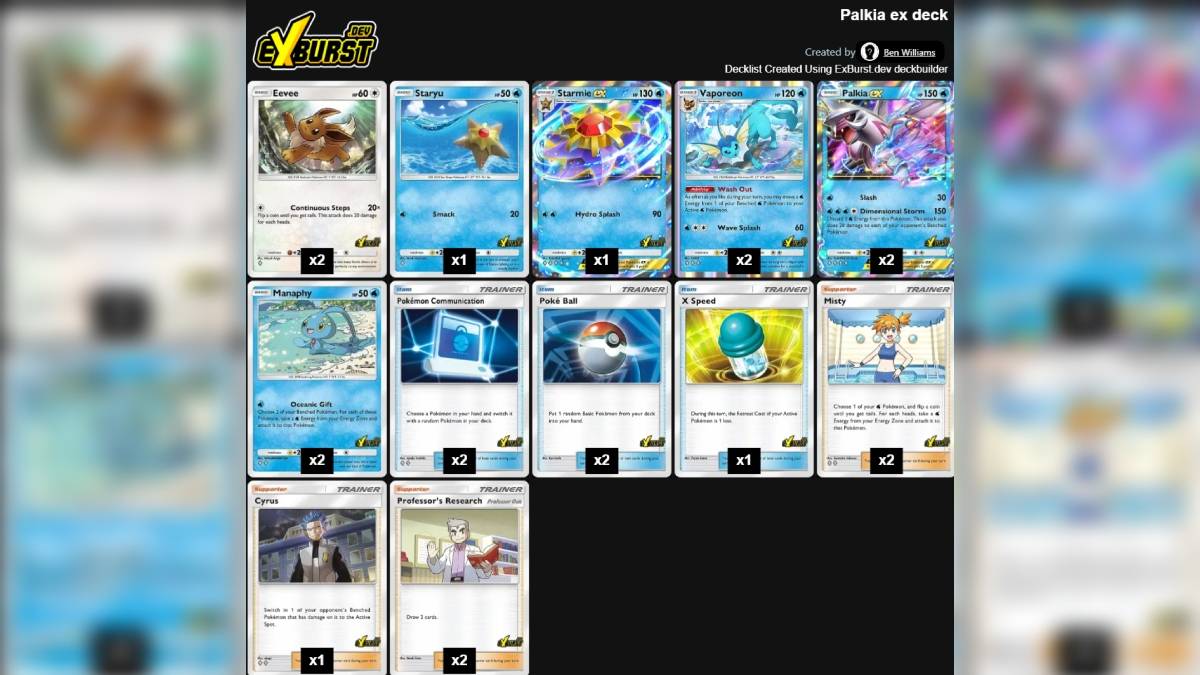 Uma lista completa de cartas no melhor Deck Palkia Ex para Pokemon TCG Pocket