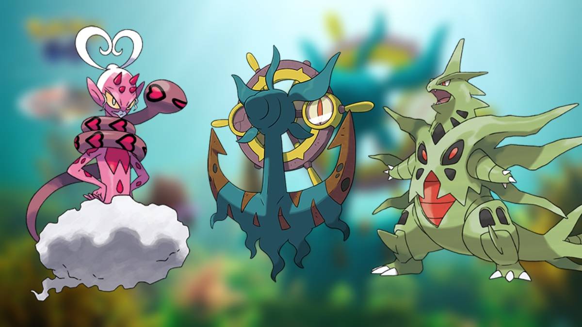 Enamorus, Dhelmise, and Mega Tyranitar from Pokemon GO, appearing as Raid bosses during Beloved Buddies