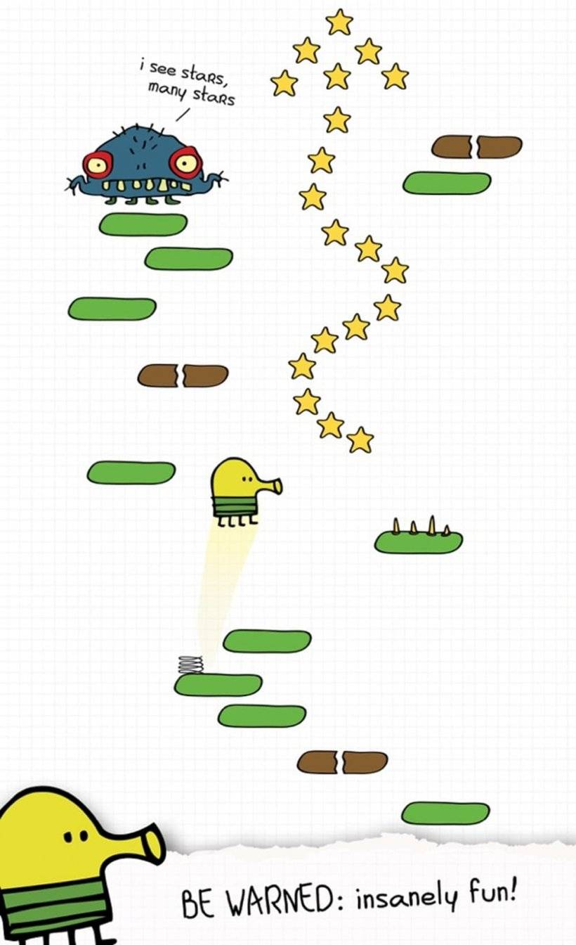 遊戲畫面截圖顯示 Doodle 角色跳躍經過漂浮外星太空船的瞬間