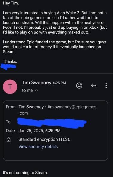 Si Alan Wake 2 ay hindi ibebenta sa singaw, nakumpirma ni Tim Sweeney