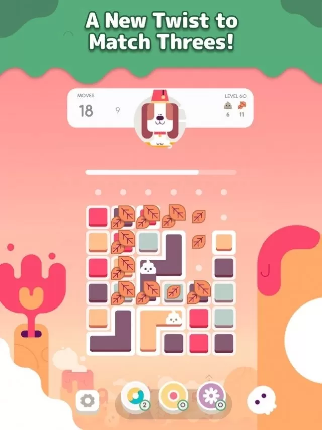 a colorful game interface showing a unique twist on the classic match-3 gameplay with vibrant graphics and an adorable dog.