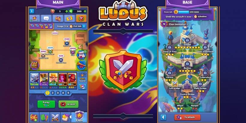 Uno screenshot di Ludus: Merge Arena che mostra i nuovi meccanici di Clan Wars in due screenshot del telefono separati