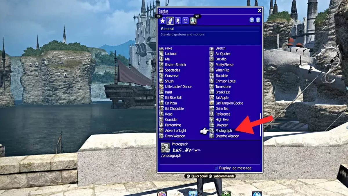 Screenshot die de foto -emote toont in FFXIV