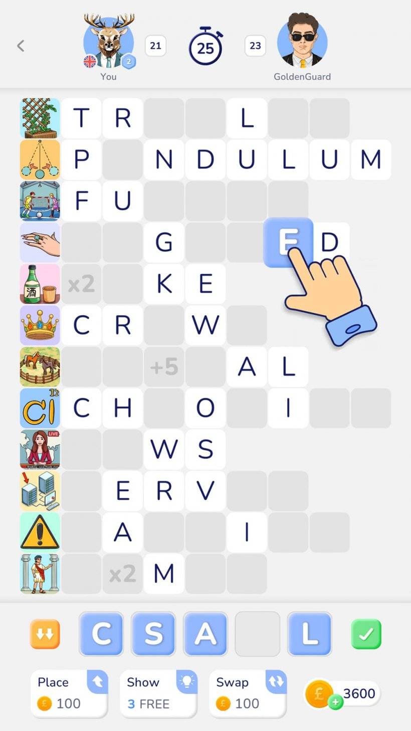 Una captura de pantalla del juego tipo Sudoku de WordPix con alguien adivinando palabras basadas en pequeños iconos y letras reveladas