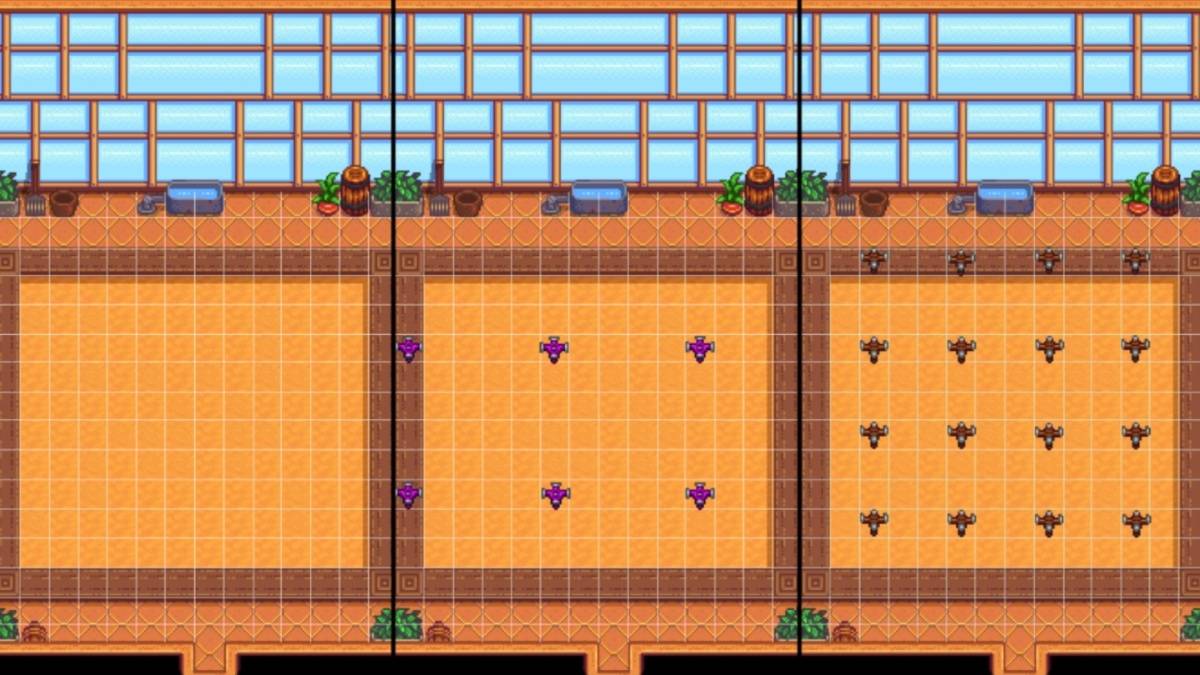 Inside of greenhouse with sprinklers in Stardew Valley.