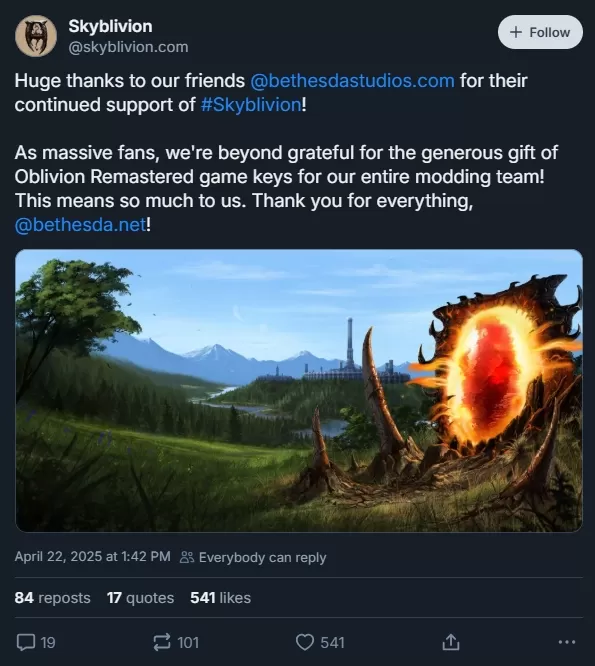 Bethesda предоставляет Skybliion Team Oblivion Remastered Keys