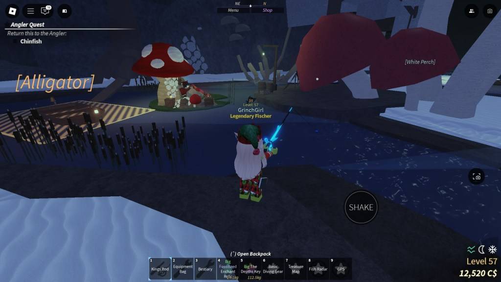 A Fisch player is fishing inside Mushroom Grove