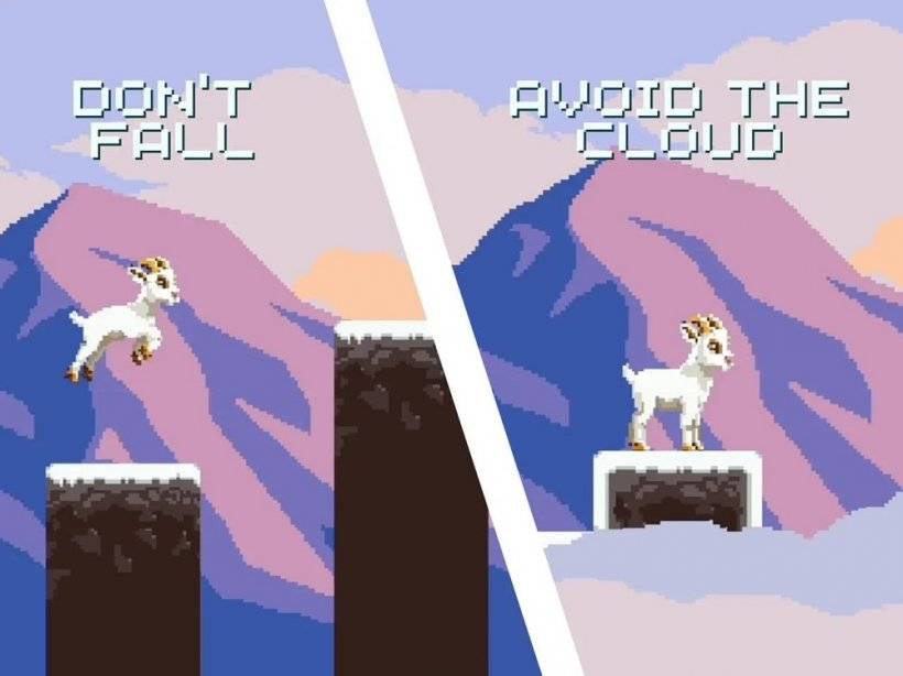 Isang screenshot ng dalawang pagkakasunud -sunod na may isang pixellated na kambing na tumatalon papunta sa mga platform